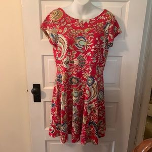 Chaps Denim brand dress, size L, fit and flare jersey dress in red print